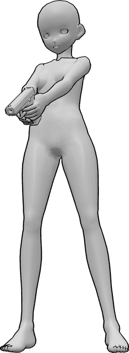 Referência de poses- Pose de pontaria de arma de anime - Uma mulher anime está de pé, confiante, segurando uma arma com as duas mãos e apontando para baixo