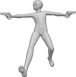 Referência de poses- Apontar duas armas pose - Um homem de anime está a saltar alto, segurando armas e apontando em ambas as direcções