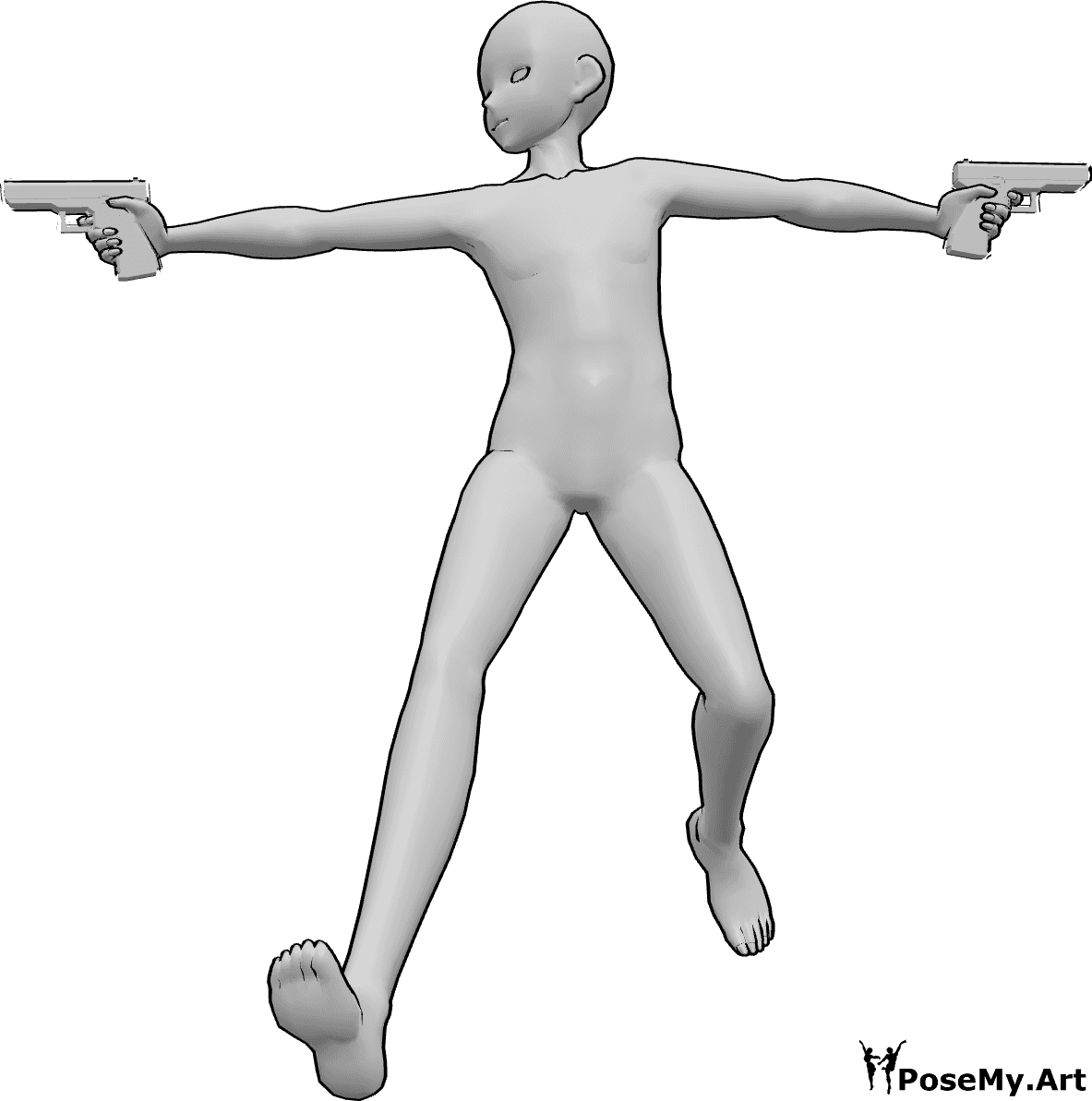 Referencia de poses- Apuntar dos armas posar - Hombre anime está saltando alto, sosteniendo armas y apuntando en ambas direcciones