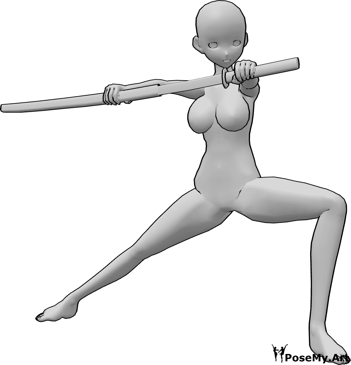 Posen-Referenz- Anime weibliche Katana Pose - Die Anime-Frau geht halb in die Hocke, schaut nach links und zieht langsam ihr Katana aus der Scheide