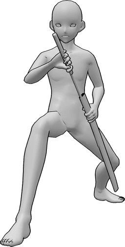 Riferimento alle pose- Posa della katana maschile in stile anime - Maschio anonimo semiaccovacciato che estrae la katana dal fodero con la mano destra.