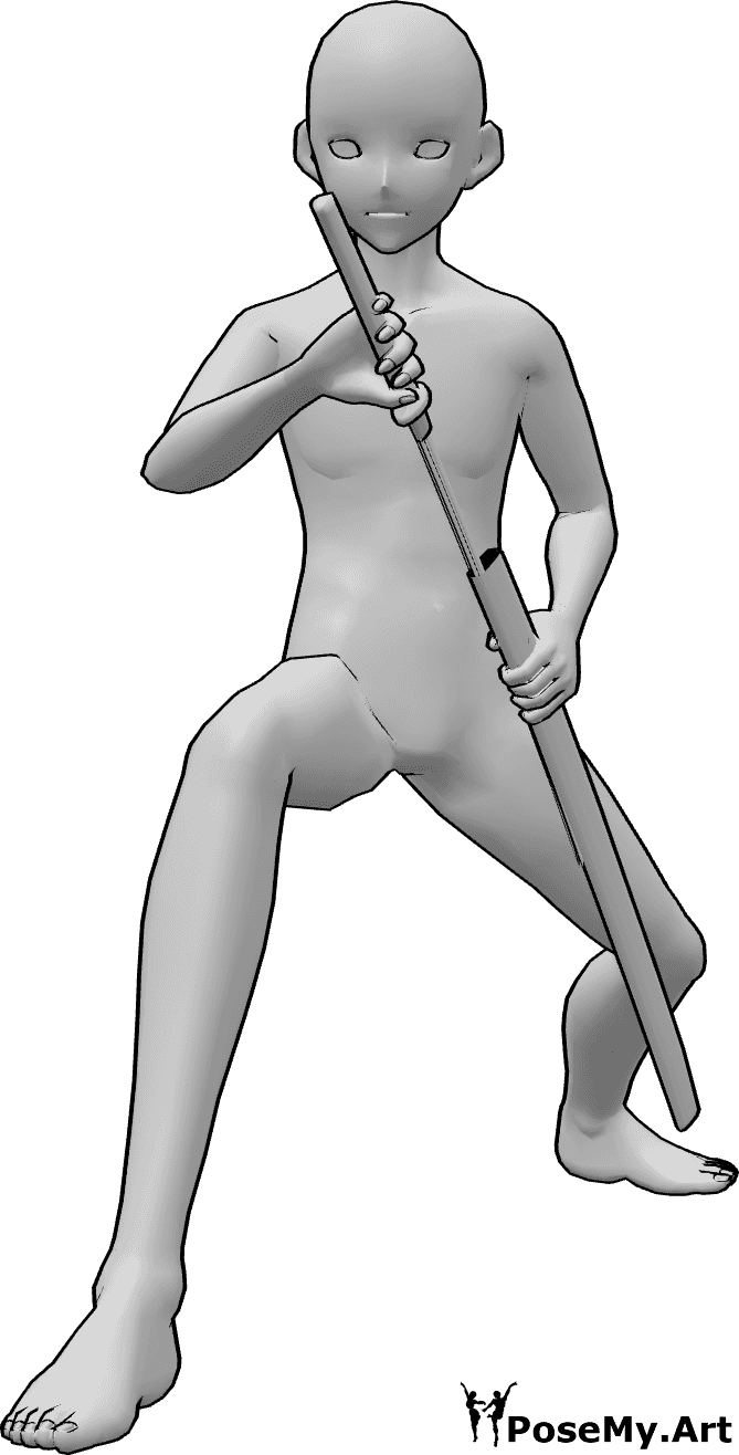 Referência de poses- Pose de katana masculina de anime - O anime masculino está meio agachado e tira a sua katana da bainha com a mão direita