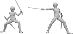 Posen-Referenz- Anime Samurai Kampf Pose - Anime-Männer stehen sich gegenüber und laden sich gegenseitig mit ihren Katanas zum Kampf ein