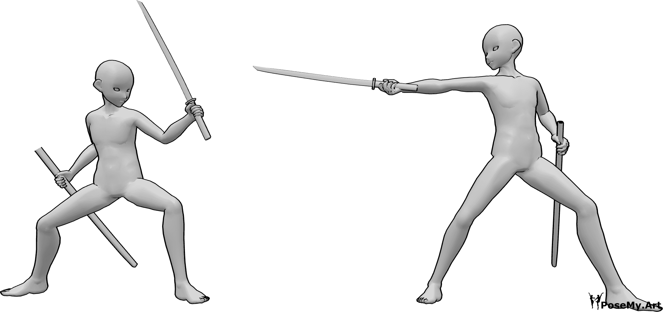 Référence des poses- Anime samurai fight pose - Des hommes animés se font face et s'invitent à se battre avec leurs katanas.