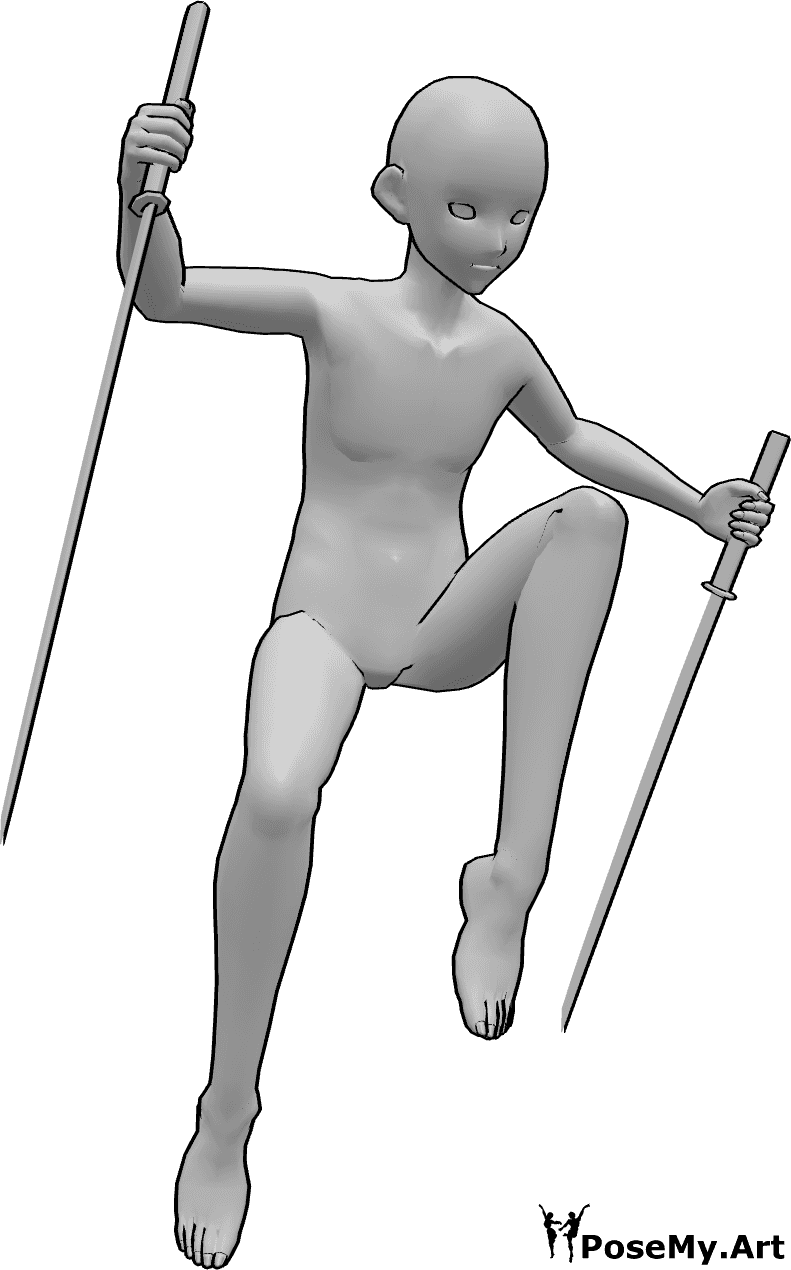 Référence des poses- Anime samurai jumping pose - Un homme animé saute en hauteur et regarde vers la gauche, tenant un katana à deux mains.