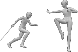 Posen-Referenz- Anime Männchen kämpfen Pose - Zwei männliche Anime-Figuren stehen kurz vor einem Kampf, einer von ihnen rennt mit einem Katana
