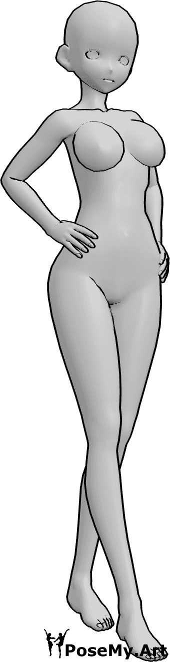 Referencia de poses- Anime manos caderas pose - Mujer anime de pie, segura de sí misma, con las manos en las caderas y mirando a la derecha.