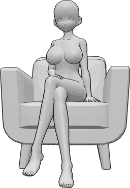 Referência de poses- Pose de mulher sentada de anime - Uma mulher anime está sentada num cadeirão com as pernas cruzadas e a olhar para a frente