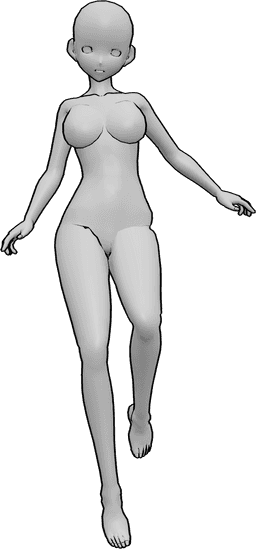 Referencia de poses- Anime femenino saltando pose - La mujer anime salta alto, levanta la pierna izquierda y mira hacia delante
