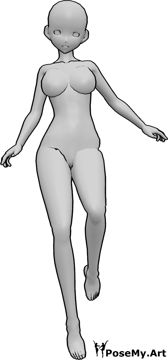 Riferimento alle pose- Anime femmina in posa di salto - La donna antropomorfa salta in alto, alza la gamba sinistra e guarda in avanti.