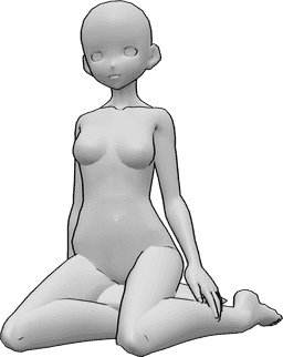 Referencia de poses- Anime sentado de rodillas - Mujer anime está sentada, arrodillada sobre una almohada y mirando a la izquierda