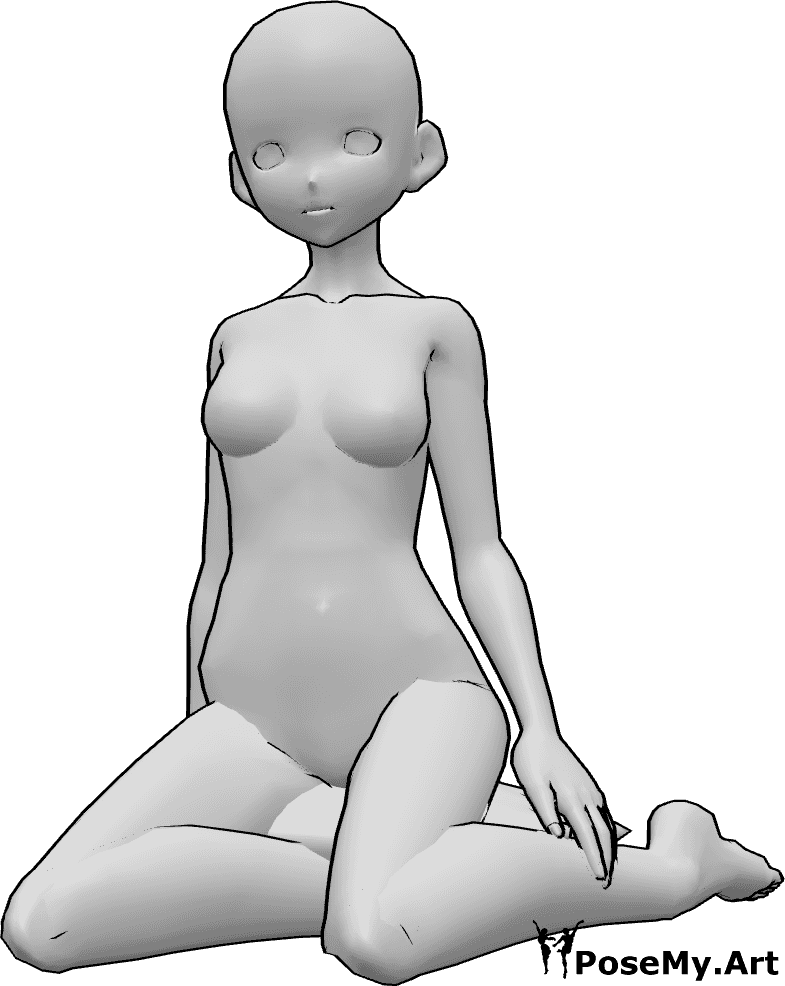 Referencia de poses- Anime sentado de rodillas - Mujer anime está sentada, arrodillada sobre una almohada y mirando a la izquierda