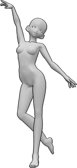 Posen-Referenz- Anime weiblich tanzen Pose - Anime-Frau tanzt, hebt ihre rechte Hand hoch und stellt sich auf ihren linken Fuß