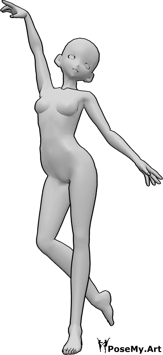 Posen-Referenz- Anime weiblich tanzen Pose - Anime-Frau tanzt, hebt ihre rechte Hand hoch und stellt sich auf ihren linken Fuß