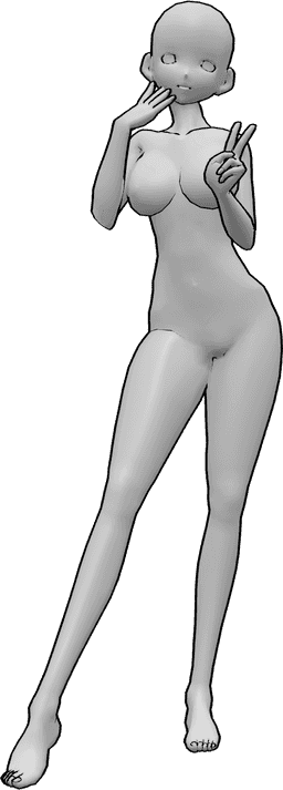 Referência de poses- Pose de pé de mulher de anime - Mulher anime está de pé e a posar, mostrando o sinal de paz e tocando na cara
