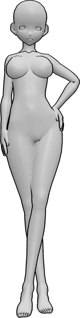 Posen-Referenz- Stehende Pose mit gekreuzten Beinen - Die weibliche Anime steht selbstbewusst mit gekreuzten Beinen, die linke Hand auf der Hüfte