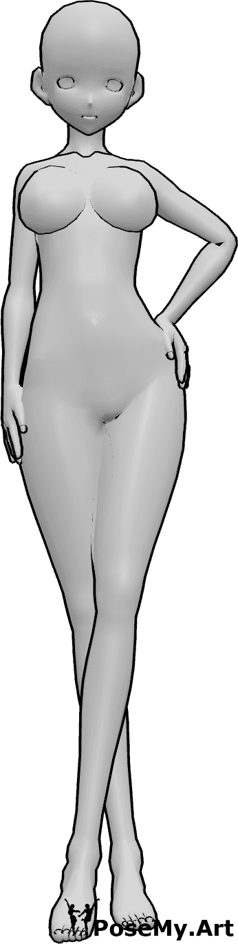 Posen-Referenz- Stehende Pose mit gekreuzten Beinen - Die weibliche Anime steht selbstbewusst mit gekreuzten Beinen, die linke Hand auf der Hüfte