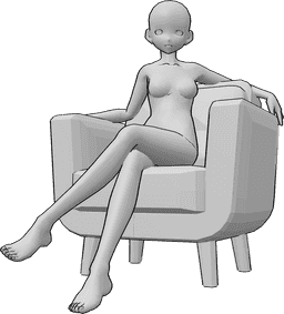 Référence des poses- Anime une position assise confortable - Une femme animée est assise confortablement dans un fauteuil, les jambes croisées.