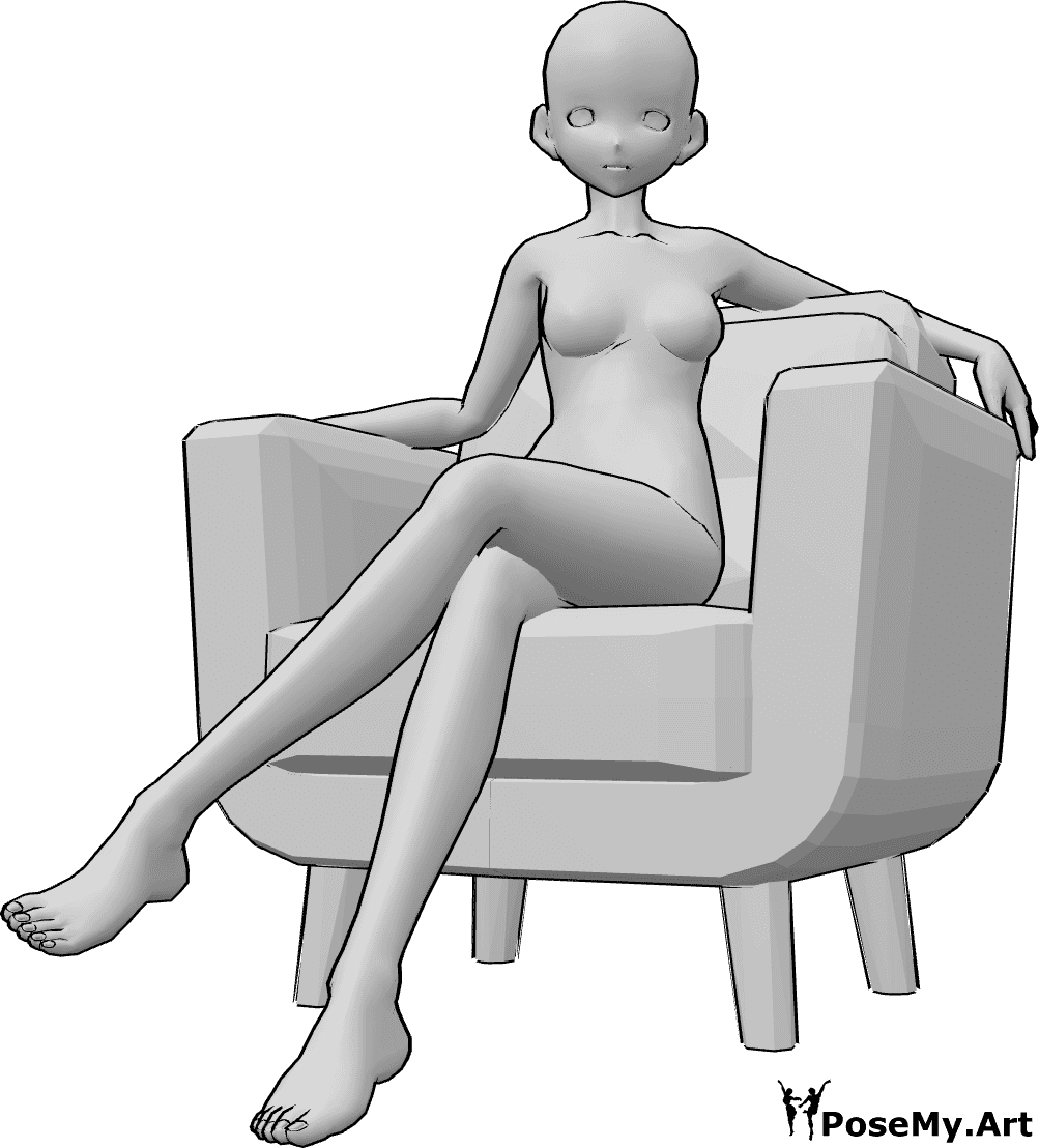 Referência de poses- Pose sentada confortável de anime - Uma mulher de anime está sentada confortavelmente num cadeirão com as pernas cruzadas
