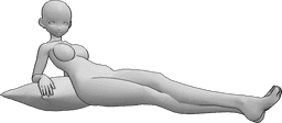 Referência de poses- Pose deitada de mulher anime - A mulher anime está deitada e olha para a direita, apoiada numa almofada