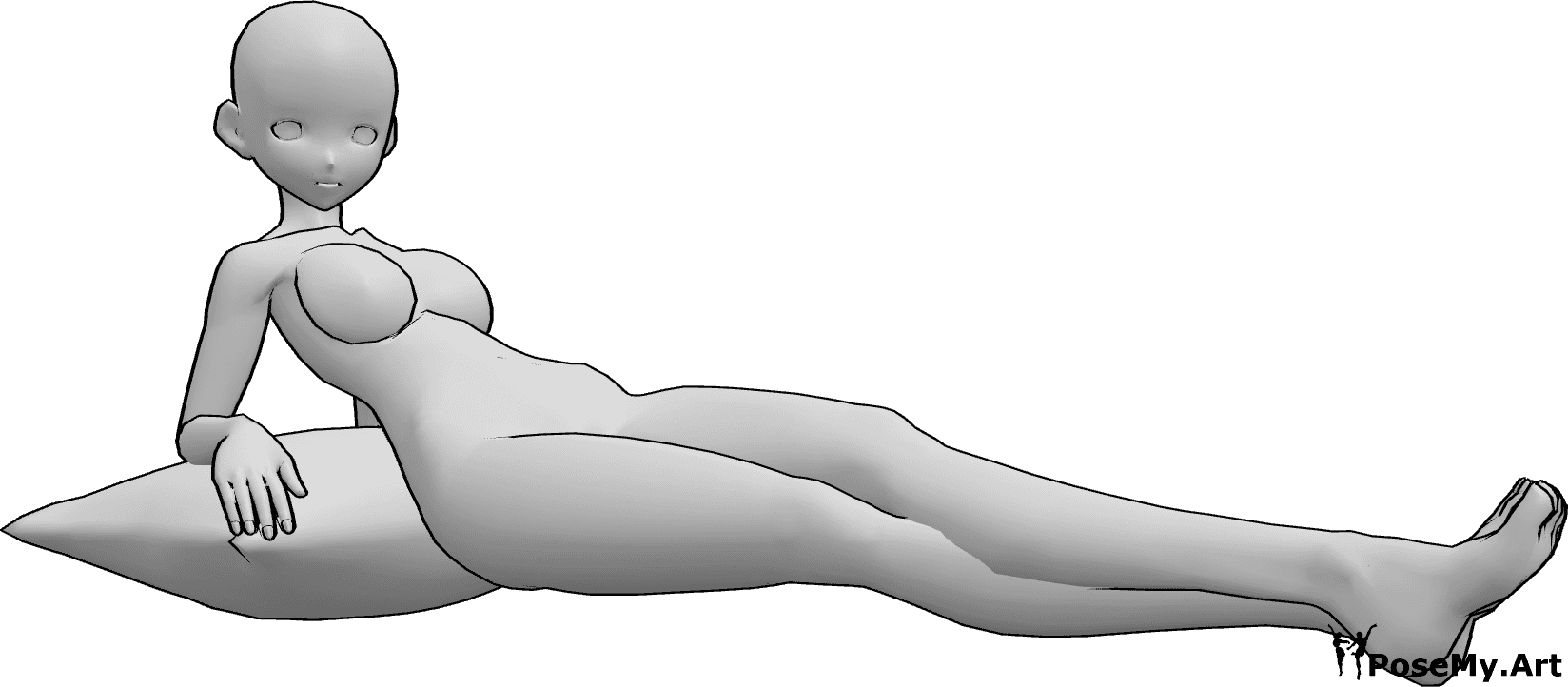 Référence des poses- Anime femme pose allongée - La femme animée est allongée et regarde vers la droite, appuyée sur un oreiller.