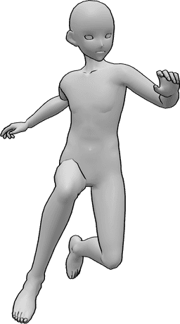 Posen-Referenz- Anime männlich springende Pose - Anime-Männchen springt hoch, balanciert mit den Händen und schaut nach links