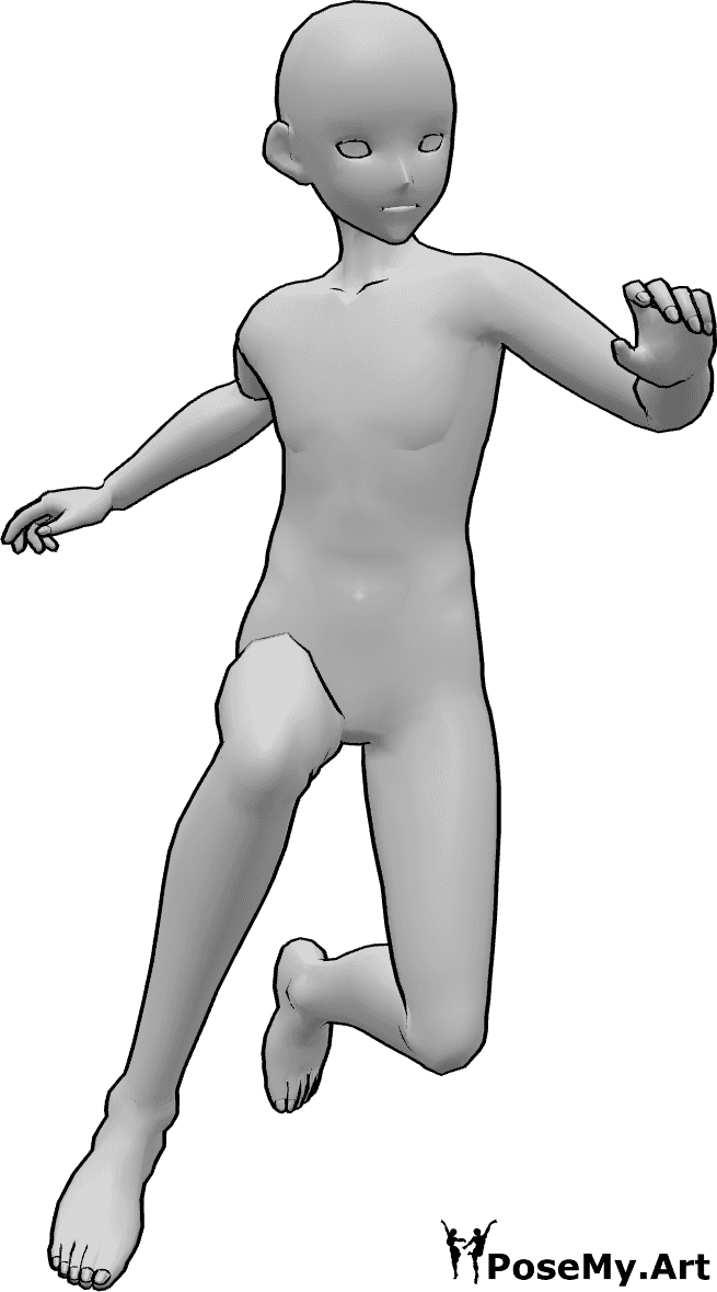 Referencia de poses- Anime masculino saltando pose - Hombre anime está saltando alto, balanceándose con las manos y mirando a la izquierda