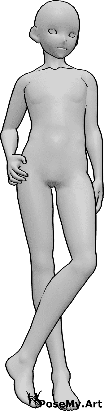 Posen-Referenz- Anime männliche stehende Pose - Anime-Männchen steht mit gekreuzten Beinen, die rechte Hand steckt in der Tasche