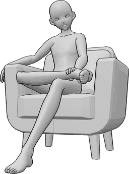 Posen-Referenz- Anime männlich sitzende Pose - Anime-Männchen sitzt lässig mit gekreuzten Beinen in einem Sessel