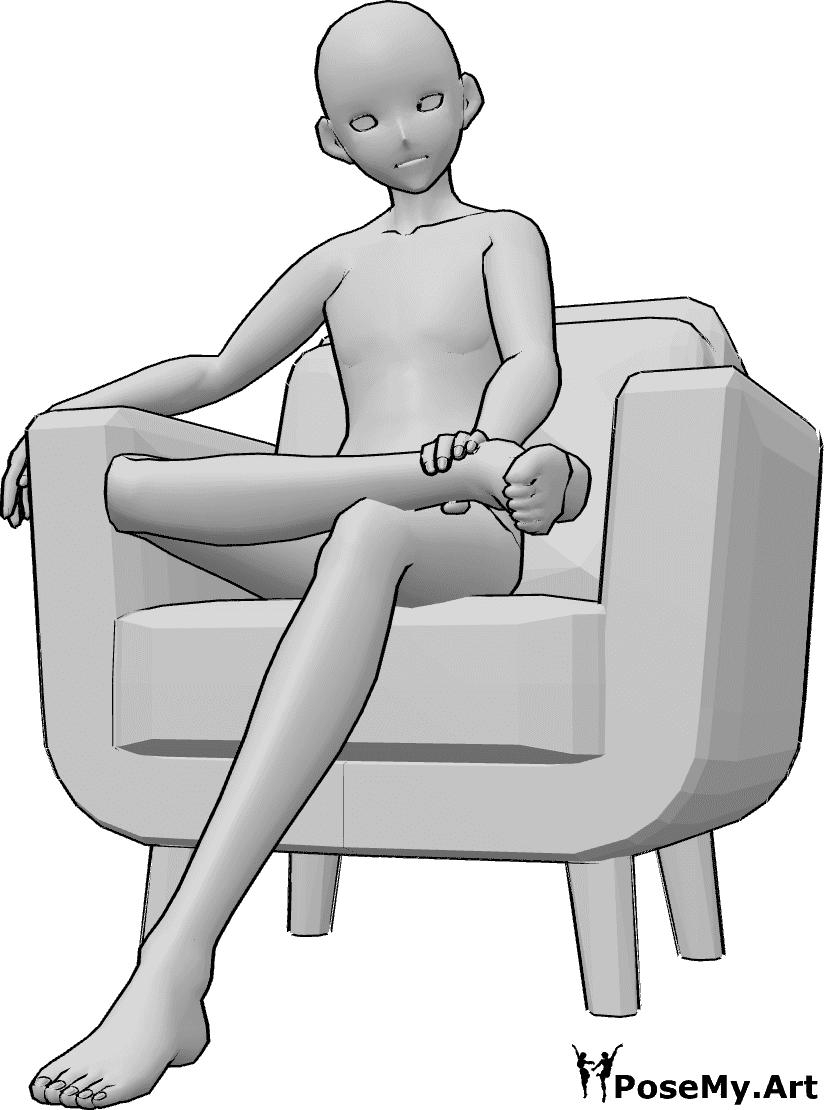 Riferimento alle pose- Anime maschio in posa seduta - Un uomo anonimo è seduto con disinvoltura su una poltrona con le gambe incrociate.