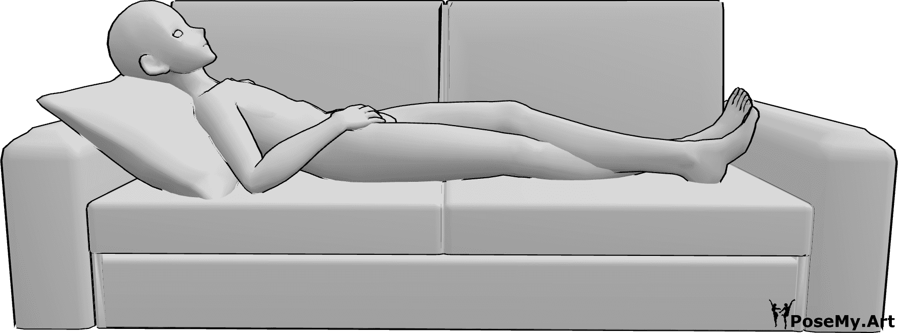 Posen-Referenz- Anime männliche liegende Pose - Anime-Männchen liegt bequem auf der Couch, hat die Beine gekreuzt und schaut nach oben
