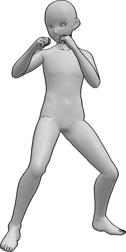 Referencia de poses- Anime masculino boxeo pose - Hombre anime en posición de boxeo, con las manos cerradas en puños y mirando al frente.
