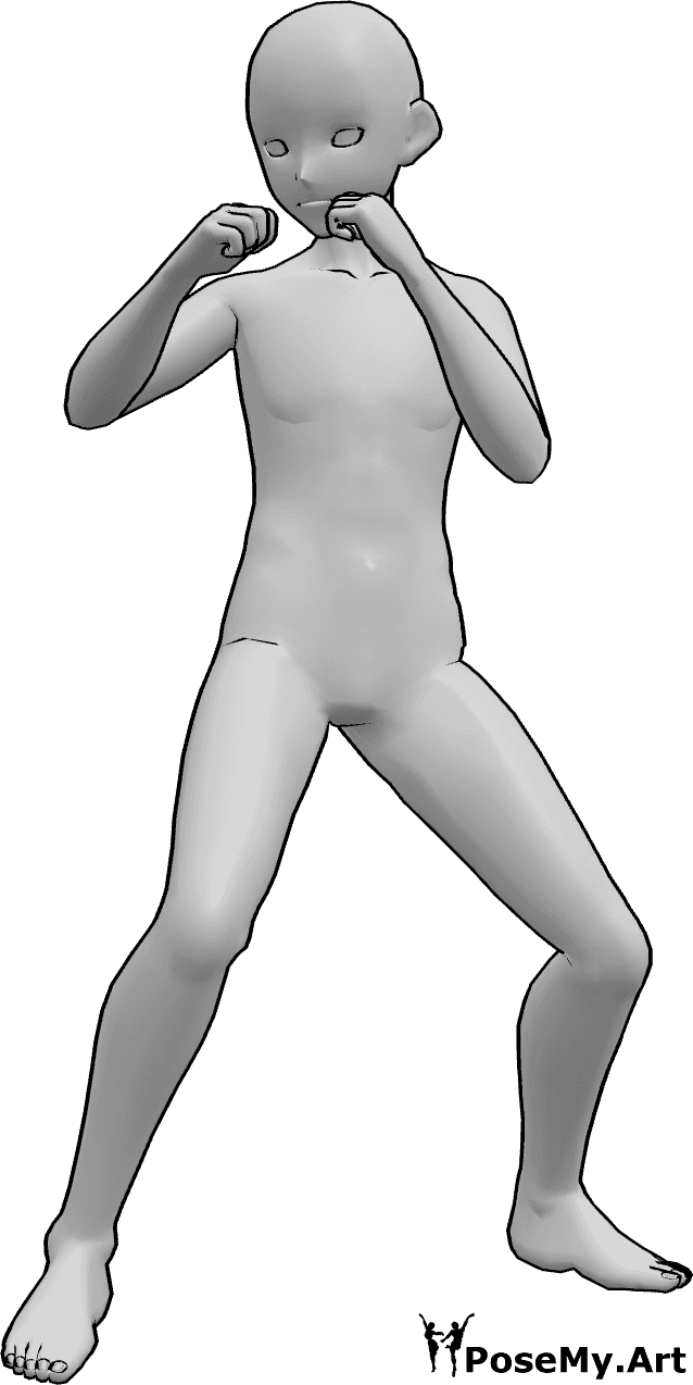 Referência de poses- Pose de boxe masculina de anime - Anime masculino em posição de boxe, com as mãos fechadas em punhos e a olhar para a frente