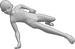 Referência de poses- Pose de dança masculina de anime - Homem anime está a dançar breakdance, de pé sobre a sua mão direita, pose de dança anime