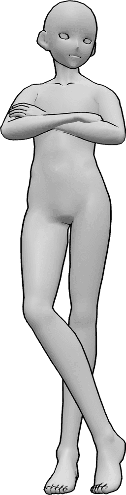 Posen-Referenz- Anime gekreuzte Beine Pose - Anime-Männchen steht selbstbewusst mit gekreuzten Armen und Beinen und schaut nach rechts
