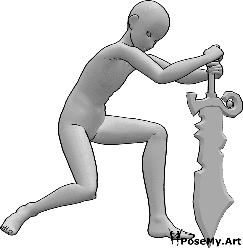 Référence des poses- Anime male sword pose - Un homme animé plante une épée dans le sol pose