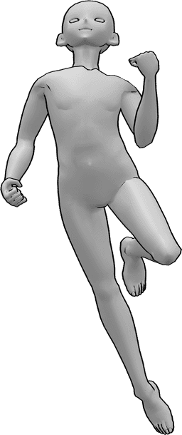 Référence des poses- Anime male flying pose - Le héros masculin de l'anime vole vers le haut, serre les mains en poings, regarde vers le haut, plie la jambe gauche.