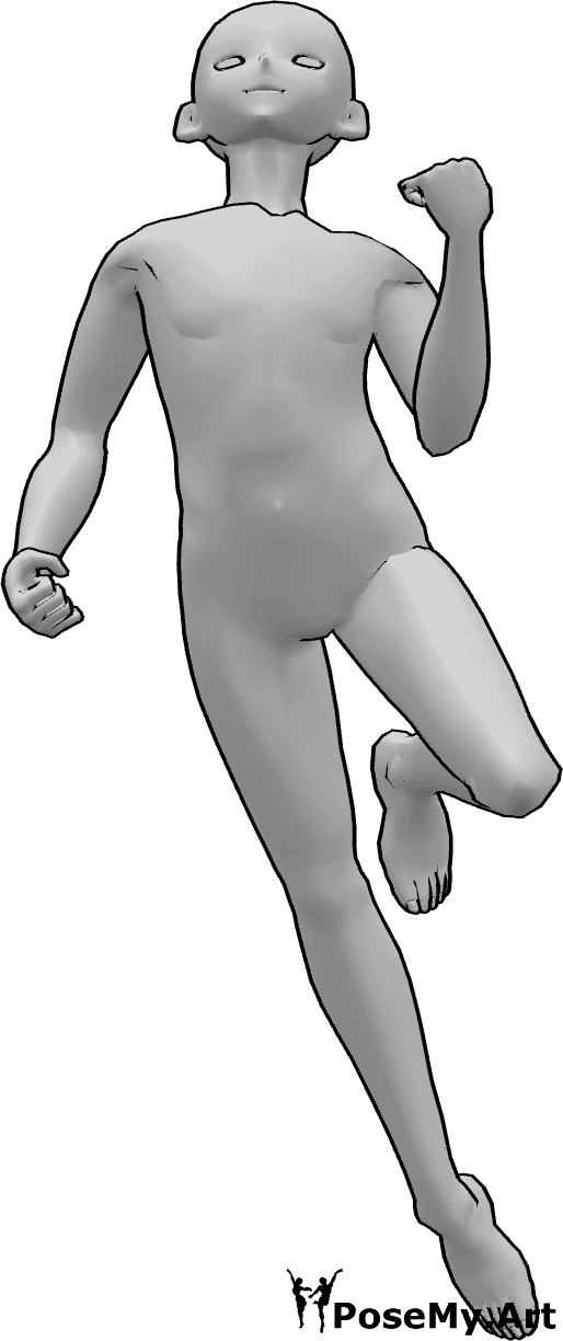 Posen-Referenz- Anime männliche fliegende Pose - Anime-Held fliegt nach oben, ballt die Hände zu Fäusten, schaut nach oben, winkelt das linke Bein an