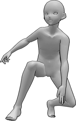 Référence des poses- Pose d'atterrissage d'un héros d'anime - Le héros masculin d'un film d'animation atterrit en touchant le sol de la main gauche et en gardant l'équilibre de la main droite.
