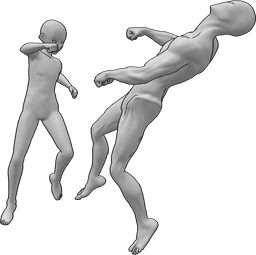 Referencia de poses- Anime knock out pose - Anime héroe masculino está noqueando al enemigo que está volando hacia atrás inconscientemente