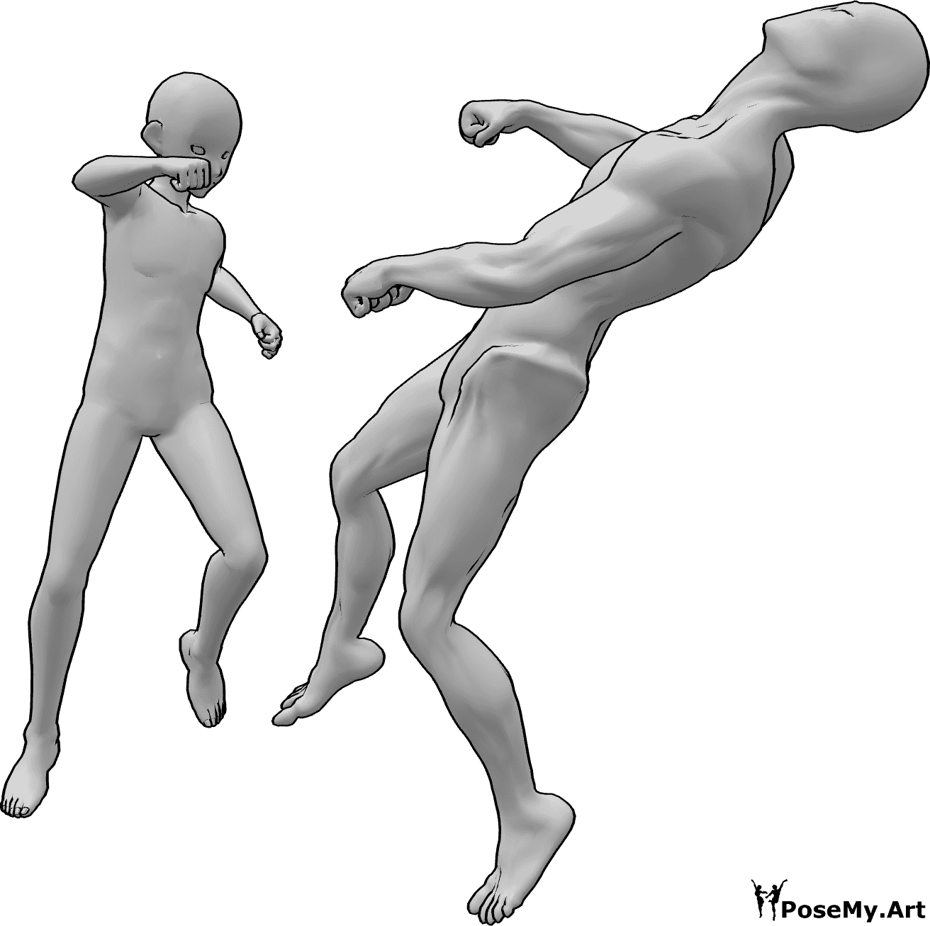Referência de poses- Pose de nocaute de anime - O herói masculino de anime está a derrubar o inimigo que está a voar para trás inconscientemente