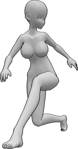 Référence des poses- Pose d'atterrissage d'une femme d'animation - L'héroïne d'un film d'animation atterrit, en équilibre sur ses mains et en regardant vers la gauche.