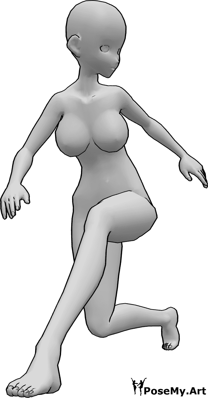 Référence des poses- Pose d'atterrissage d'une femme d'animation - L'héroïne d'un film d'animation atterrit, en équilibre sur ses mains et en regardant vers la gauche.