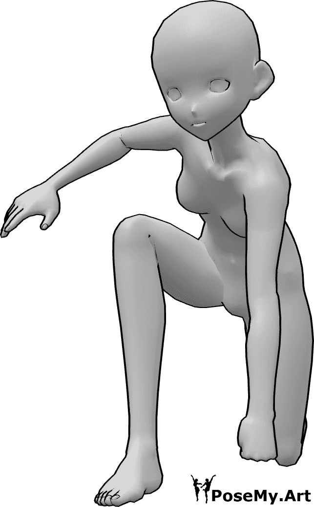 Référence des poses- Pose d'atterrissage d'une héroïne - L'héroïne d'un film d'animation atterrit, s'agenouille et atterrit sur son poing gauche, en regardant vers l'avant.