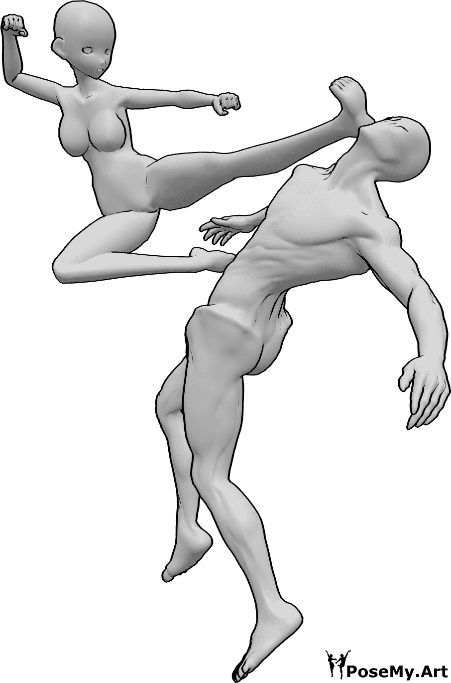 Posen-Referenz- Anime Held kicking Pose - Anime-Heldin tritt dem Feind gegen den Kopf, der unbewusst nach hinten fällt
