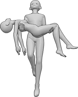 Referencia de poses- Postura de héroe anime - El héroe masculino del anime salva a la mujer, la sostiene en sus brazos y vuela hacia arriba con ella.