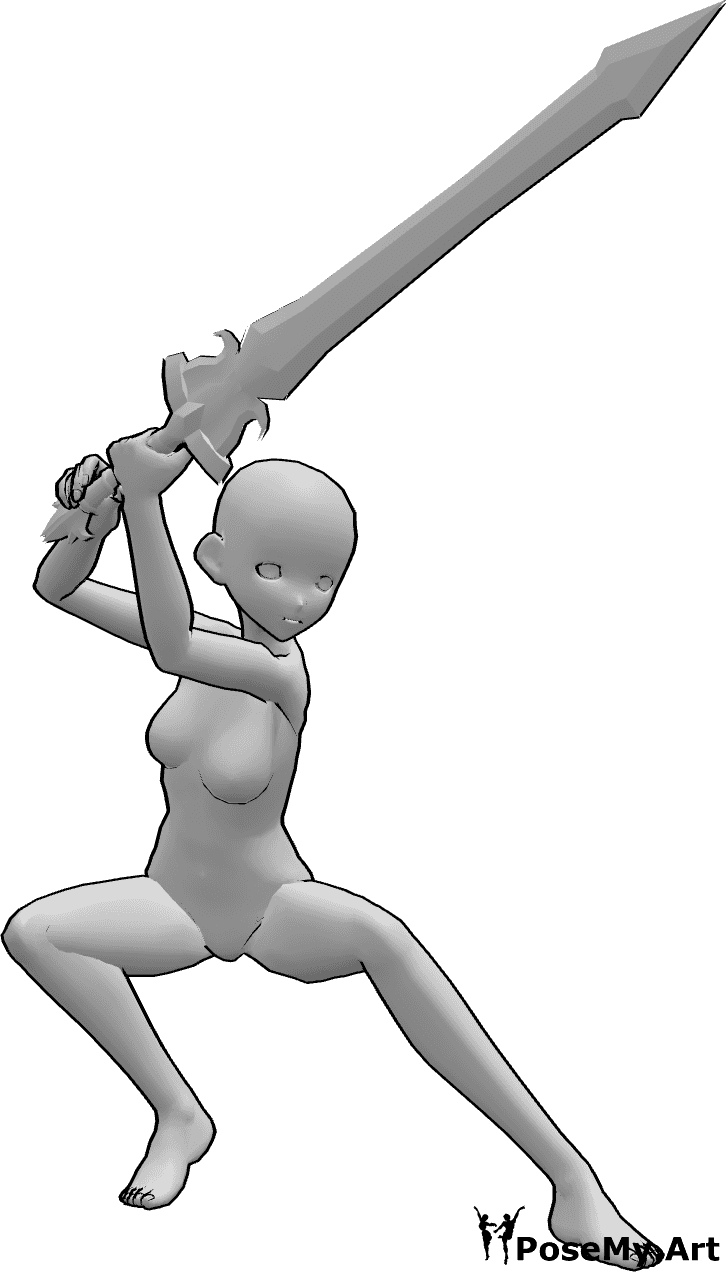Référence des poses- Pose de l'épée de la femme de l'anime - Femme animée avec une grande épée fantastique pose