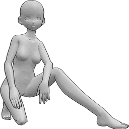 Pose Reference- Anime female kneeling pose - Anime female is kneeling and posing, leaning on her right knee, resting her hands on her thighs