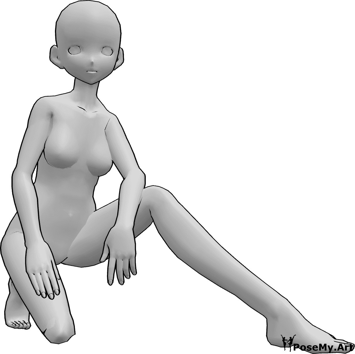 Posen-Referenz- Anime weibliche kniende Pose - Weibliche Anime kniet und posiert, stützt sich auf ihr rechtes Knie und stützt ihre Hände auf ihre Oberschenkel