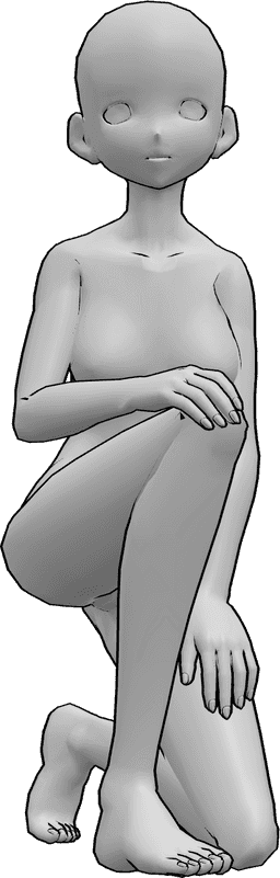 Référence des poses- Anime mignon à genoux - La femme anime est agenouillée et pose, tenant son genou droit avec sa main droite.